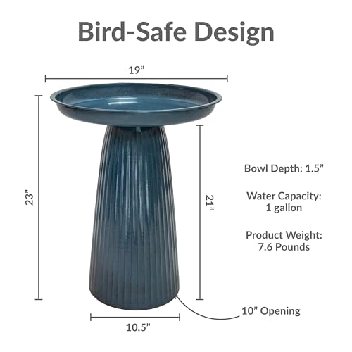 Sunnydaze Modern Bird Bath for Outside, Iron, 23” H, Blue Glaze | UV & Rust-Resistant Matte Finish, Durable Iron,1 Gal Water Cap, Outdoor Birdbath for Garden, Pedestal Bird Bath with Bowl - color: Blue Glaze