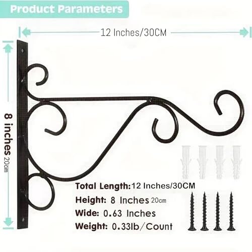 2-Pack Hanging Bracket 12"x8" Iron Wall Hook | Heavy-duty iron scroll bracket for bird feeders, wind chimes, and garden lanterns with easy mounting - size: Large