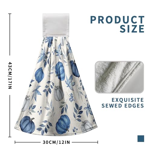 Fall Blue Pumpkin Kitchen Towels with Hanging Loop Autumn Thanksgiving Hanging Hand Towels Seasonal Eucalyptus Maple Leaf Dish Tie Towel Soft Absorbent Fingertip Bath Towel Set of 2 - color: Fall Pumpkin Leaves Blue
