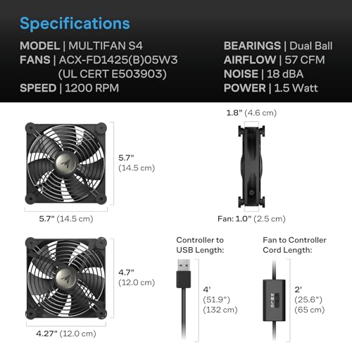 AC Infinity MULTIFAN S4, Quiet 140mm USB Fan, UL-Certified for Receiver DVR Playstation Xbox Computer Cabinet Cooling | For Receiver, DVR, PlayStation, Xbox, Computer, Cabinet Cooling - size: S4