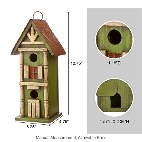 Glitzhome 12.75" H Hanging Green Two-Tiered Distressed Wooden Garden Bird House - color: 12.75"H Two-Tiered