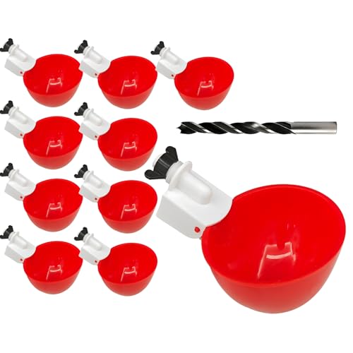 10PCS Chicken Waterer Cups, Red Automatic Poultry Watering Cups, Tee Fittings Poultry Waterer with Mounting Hole Opener,Ideal for Chicken Coop, Ducks, and Backyard Poultry