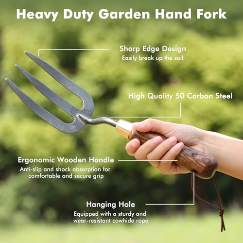 RESTMO Garden Hand Fork, Weeding, Planting, Cultivating, Brown | Heavy duty thickened hand weeding fork. For planting, removing plants, turning soil, weeding, cultivating. - size: Gardening Hand Fork