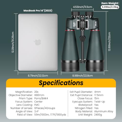 ESSLNB 20x80 Astronomy Binoculars for Adults, High Powered Stargazing Outdoor Waterproof Binoculars for Travel Bird Watching Hunting with BAK4 Prism FMC Lens Carrying Bag (Red) - color: Red
