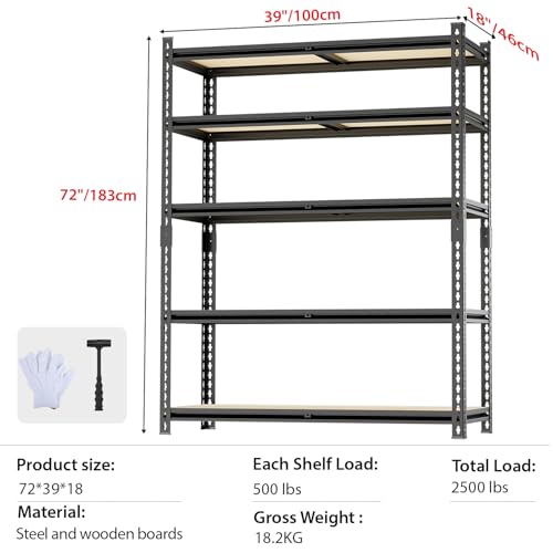 5 Tier Garage Shelving, Adjustable Heavy Duty Garage Shelves | 72 "H Metal Storage Shelves Unit for Basement,Warehouse,Pantry Kitchen - size: 72*40*18