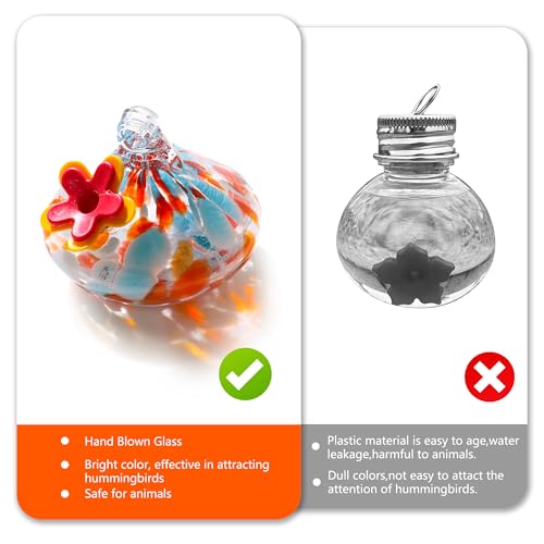 2 Pcs Blown Glass Hummingbird Feeder for Outdoors Hanging | Ant & Bee Resistant Window Bird FeederHandmade Garden Decor Gift for Women - Small Round Blue Red Glass Feeders Bundle - color: Style F