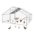 Large Metal Chicken Coop with Roosting Ladder and Cover | Spire roof outdoor cage with roosting ladder and waterproof UV-resistant cover, ideal for chickens, ducks and rabbits - size: 157.5"L x 118.0"W x 78.0"H