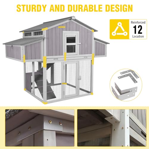 Aivituvin Large Chicken Coop for 4-6 Chickens, Raised Outdoor Wooden Chicken House with Unique Folding Design, 2 Nesting Boxes, Easy Clean Pull-Out Tray, Waterproof Asphalt Roof - Grey - size: 69.8"L x 42.0"W x 54.6"H