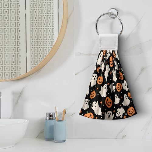 Halloween Ghost Pumpkin Hanging Kitchen Towels Set of 2 Spooky Scary Hand Towels with Hanging Loop Seasonal Holiday Oven Stove Dish Washcloths Soft Absorbent Bath Tie Towel - color: Halloween Ghost Pumpkin