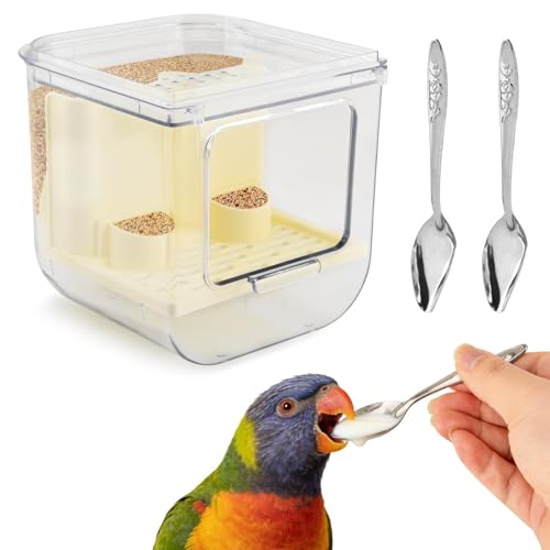 Automatic Bird Feeder with 2 Spoons, No Mess Bird Feeder for Cage, Transparent Bi-rd Cage Accessories for Parakeet Canary Cockatiel Finch(Color:White)
