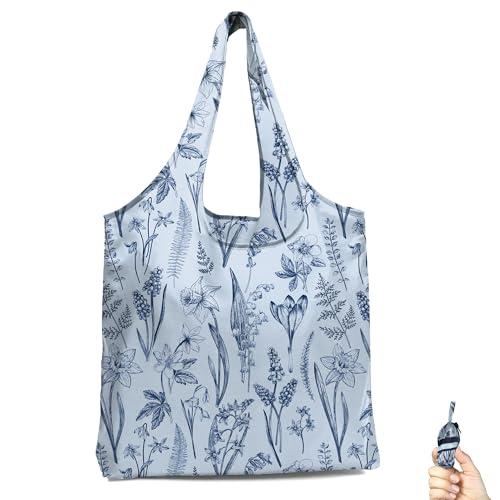 BeeGreen Reusable Grocery Shopping Bag -Travel Tote Bag - Foldable Compact Sturdy Bags - color: Grey Froal Flowers, style: Standard Extra Large