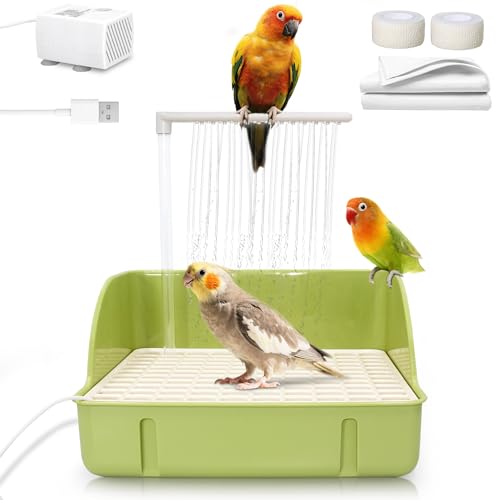 Automatic Parakeet Bird Bath with Pump, Large Bird Shower Fountain | Indoor Bathtub with Running Water, Parrot Bath Tub Faucet for Pet Birds, Cockatiel, African Grey, Budgie, Conure, Lovebird - color: Green