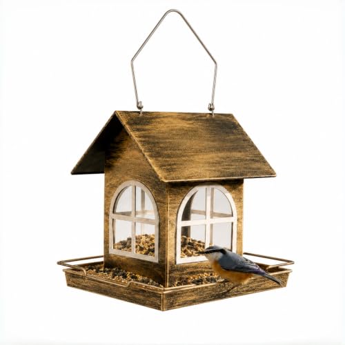 Metal Hummingbird Feeder with Glass Windows and Gold Perches, Vintage Cottage Style, Outdoor Hanging for Garden Patio Backyard, Bird Watching Decor, Metal Construction