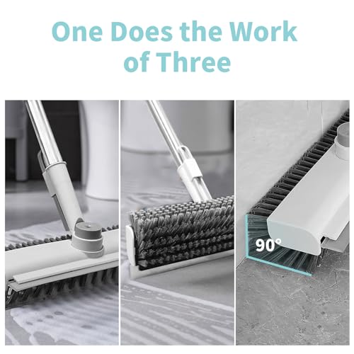 Floor Scrub Brush with Long Handle, 3 in 1 Scrape and Heavy-Duty Stiff Bristle Scrubber Brush for Cleaning Shower Bathroom, Patio, Garage, Kitchen, Wall and Deck (White, 2 Pack) - color: White, size: 2 PACK