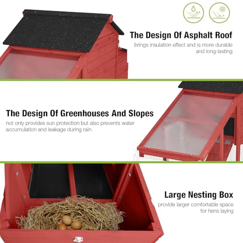 GUTINNEEN Chicken Coop Mobile Chicken House On Wheel Outdoor Rabbit Hutch for 2-4 Chickens 67"(Red) - color: Red