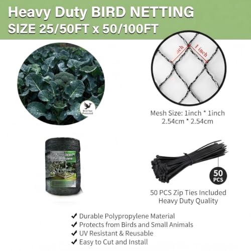 50x50 FT Heavy Duty Bird Netting for Chicken Coop & Garden | HDPE Poultry Netting Fence 1 Inch Diamond Mesh, Fruit Tree Vegetable Protection from Birds Deer Squirrels - size: 50x50 FT