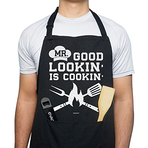 VAGAVY 100% Cotton, Black Funny Aprons for Men, Dad, Husband - Birthday, Father’s Day Grilling Gifts for Papa, Husband. - color: Mr Good Lookin is Cookin - Black