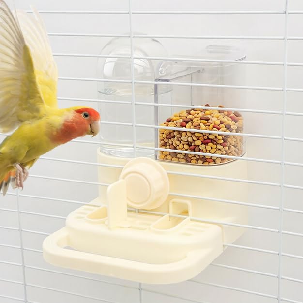 Automatic Bird Feeder and Water Dispenser Combo, 2-in-1 No-Spill Cage Mounted Parrot Food Water Bowl with Perch, Leak-Proof Bird Feeding Station for Parakeets Cockatiels Conures Lovebirds Small Birds