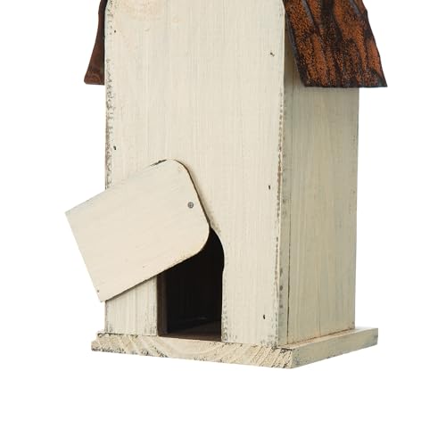 Glitzhome 13.25" Hanging Birdhouse for Outside, Washed White Distressed Solid Wood - Spring Ready Nesting Box & Christmas Garden Gift Idea
