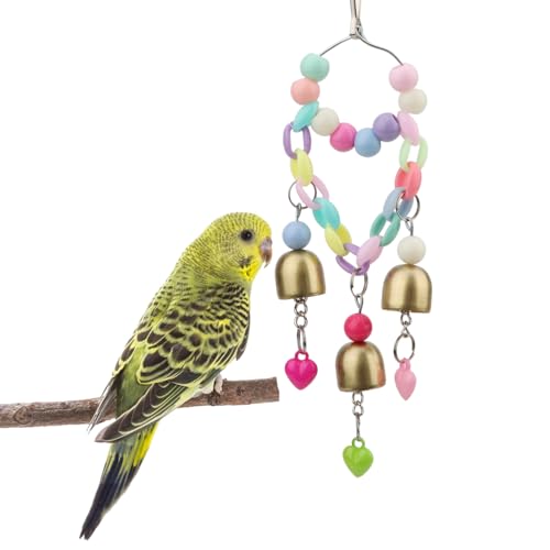 Hypeety Bird Bell Toy with Sweet Sound Cage Hanging Swing Bell for Parakeet | 3 brass bells with colorful beads, chewable for easy-hanging, encourages play and exercise, for small and medium bird, 8.27'' - color: Bell Toy-3 bells (A)