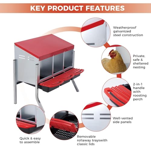 Chicken Nesting Boxes, Heavy-Duty 8-Compartment Metal Chicken Nesting Box – Removable Tray, Ventilation Holes, Easy Egg Collection, Rustproof Galvanized Steel - Red - 3 - Slot - with Legs - color: Red, size: 3 - Slot - With Legs - Upgraded Version