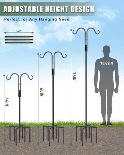 2 Pack 76 Inch Double Shepherds Hooks for Outdoor, Heavy Duty, 5 Prong Base | Shepherd hook set for bird feeders, Flower baskets, Lanterns, Nesting stations, Garden decor, Sturdy pole, Weather-resistant - size: 76IN 2PACK