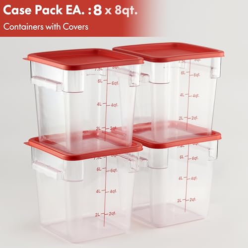 8-Pack 8 Qt NSF Clear Polycarbonate Food Storage Containers with Red Lids - Square, Commercial-Grade, Freezer & Dishwasher Safe, Stackable - color: 8.0 Qt 8-Pack(Red Lids)