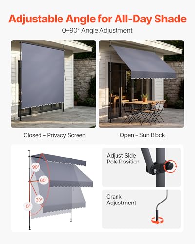 VEVOR Manual Retractable Awning, 78" x 59" Outdoor Patio Awnings Sunshade Shelter with 43"-59" Retractable Side Bar, No Drill Height Adjustable, Crank Handle for Backyard, Balcony, Dark Gray - size: 78x59 in