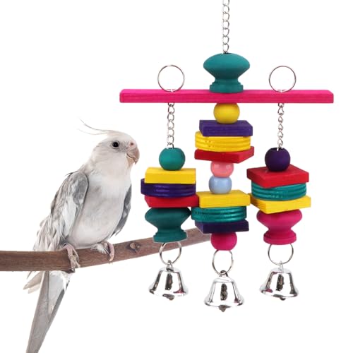 Hypeety Parrot Hanging Swing Bells Chew Toy Colorful Hanging Wood Block Natural Birds Toy for Parrot Macaw African Greys Cockatiels Budgies Conure Cage - color: Wooden Hanging Swing