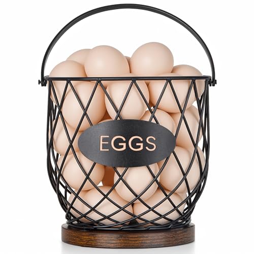Chicken Egg Basket for Gathering Fresh Eggs, Wire Egg Collecting Basket | Metal Handle, Wooden Base, Round Egg Holder Countertop, Vintage Farmhouse Kitchen Decor, Fruit Storage - color: Rustic Brown
