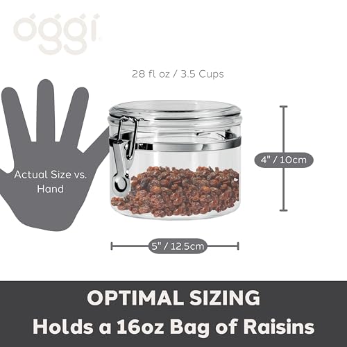 Oggi Clear Canister with Clamp Lid, 28 oz - Large Airtight Food Storage Container, for Kitchen & Pantry Storage of Bulk, Dry Foods Including Pasta, Flour, Sugar, Coffee, Rice, Tea, Spices & Herbs - size: 28-Fluid Ounce