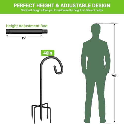 Shepherds Hook for Bird Feeder, 48" Heavy Duty Bird Feeder Pole with 5-Prong Base, Extra Thick Metal Shepherd Hook for Outdoor Hanging Plant Basket, Hummingbird Feeder, Solar Lantern, Black, 2 Pack - size: 48 Inch, style: 2 Pack