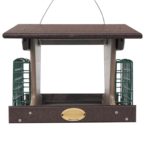 DutchCrafters Poly Hopper Bird Feeder with Suet Holder, Large Bird Feeder for Outdoors Hanging - Amish American Made (Milwaukee Brown & Weatherwood) - color: Milwaukee Brown & Weatherwood
