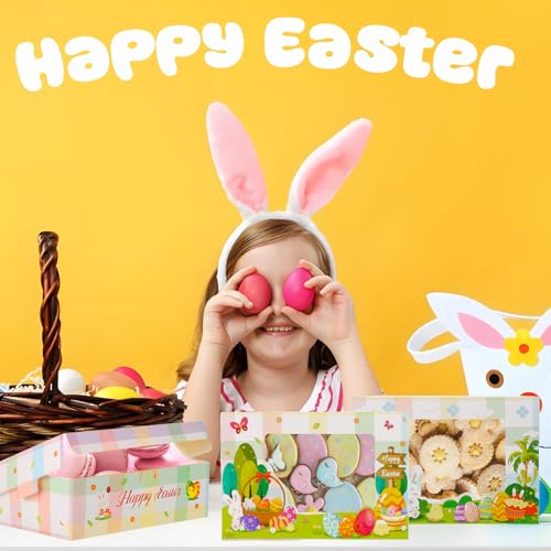 Zoketriton 24Pcs Easter Cookie Boxes with Window, Easter Buffalo Plaid Cute Bunny Egg Cookie Gift Kraft Paper Treat Boxes Cookie Goody Container for Spring Easter Party Supplies