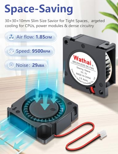 2 Pack Wathai 30mm x 10mm 5V Small DC Brushless Cooling Blower Fan for Electronics Cooling - color: 30x10mm 5V