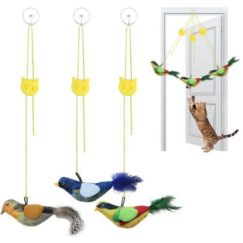 Tocirelo Interactive Hanging Cat Toy Bird with Catnip Feather, Door Cat Toy | 3Pack Realistic Interactive Motion Activated Chirping Bird for Indoor Cats, Bored Kitten Kicker Chase Exercise Door Frame Toy - style: Mult-Bird Cat Toy