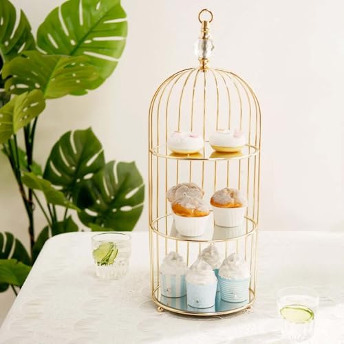 Efavormart 22" - 3 Tier Crystal Mirror Top Gold Metal Bird Cage Cupcake Cake Stand, Dessert Display for Wedding, Party, Birthday, Baby Shower Celebrations, Home Decorations - color: Gold, size: 3-Tier 22" Bird Cage