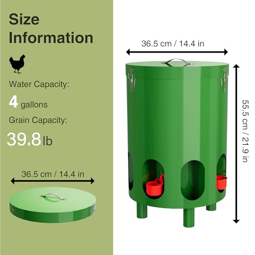 Green Chicken Feeder and Waterer Set-4 Gal/39.8 LB, Metal Chicken Feeders No Waste with 4 Cups, 4 Feeder Ports, Lid, Portable Gravity Chicken Feeder Automatic for Outdoors & Poultry