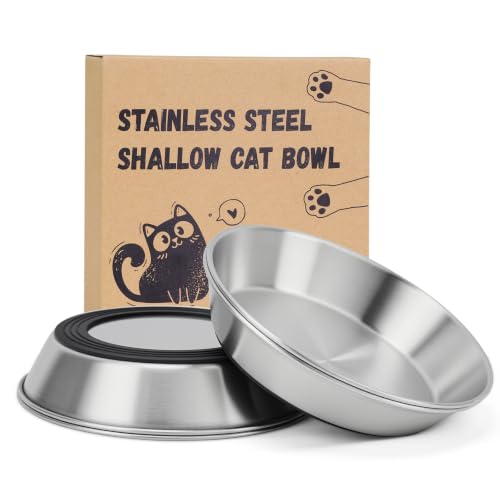 4-Pack 304 Stainless Steel Cat Food Bowls, Non-Slip Basic Dishes | Shallow Whisker-Friendly Silicone Water Metal Bowls, Easy to Clean Indoor Flat Plates for Cat, Kitten, Small Dog (5.9") - color: 4 PCS