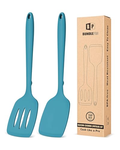 Pack of 2 Silicone Spatula Turners, Non Stick Slotted Kitchen Spatula Set, Heat Resistant BPA Free Kitchen Utensils, One-Piece Design, Suitable for Flipping Fish, Eggs, Steak, Pancakes(BLUE) - color: Blue