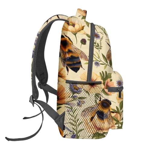 Retro Bee Backpack,Wildflower Cream Polyester Backpacks,Lightweight Double Shoulder Back Pack for Girls Women,Vintage Nature Bookbag,School Bag Gifts,Casual Travel Daypack Book Packs - color: Bee