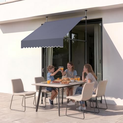 VEVOR Manual Retractable Awning, 59" x 59" Outdoor Patio Awnings Sunshade Shelter with 43"-59" Retractable Side Bar, No Drill Height Adjustable, Crank Handle for Backyard, Balcony, Dark Gray - size: 59x59 in