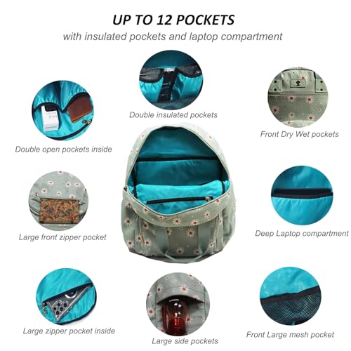 Diaper Bag Backpack Corduroy Multifunction Baby Fashion Travel Pack office Laptop Bag - color: Matcha Daisy