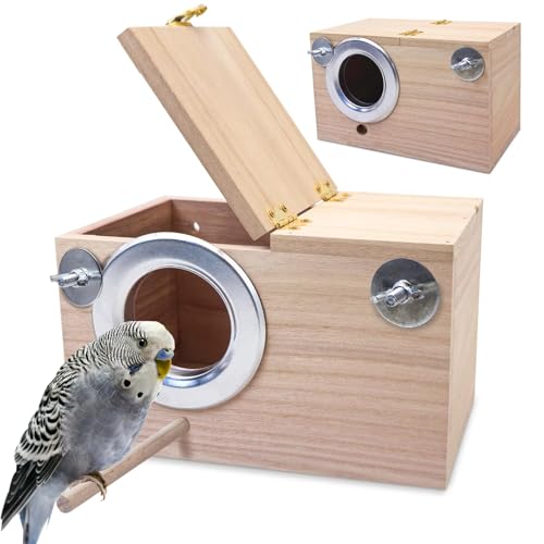 PINVNBY Parakeet Nesting Box Bird House for Cage Wood Mating Box Bird Breeding Box for Lovebirds, Cockatoo, Budgie, Finch, Canary Small and Medium Sized Birds (L:9.8 * 5.3 * 5.3 inch) - size: Wood,L: 9.8*5.3*5.3 inch