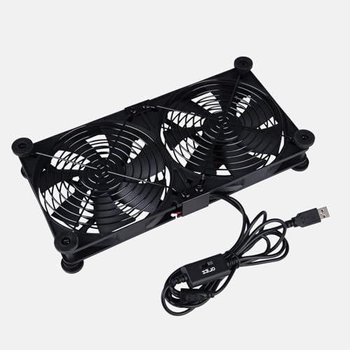 Quiet Dual 140mm Router Fan Cooler with L/M/H 3-Degree Speed Controller, DC 5V USB Powered Cooling Case Fan for Router Modem Receiver DVR PlayStation TV Box