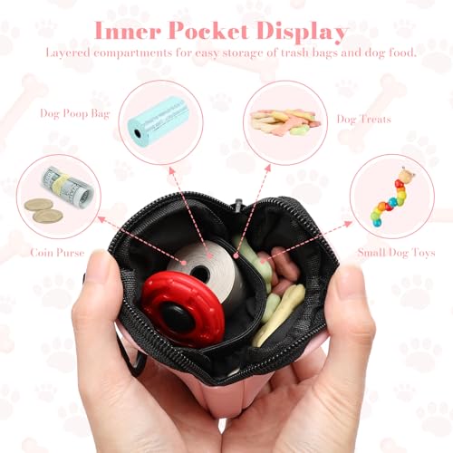 Dog Treat Pouch with Training Clicker,Waterproof Nylon Fabric Poop Bag Holders for Leashes,Hands Free Small Dog Walking Bag with Carabiner, Pet Puppy Training Walking Essentials (Pink) - color: Pink