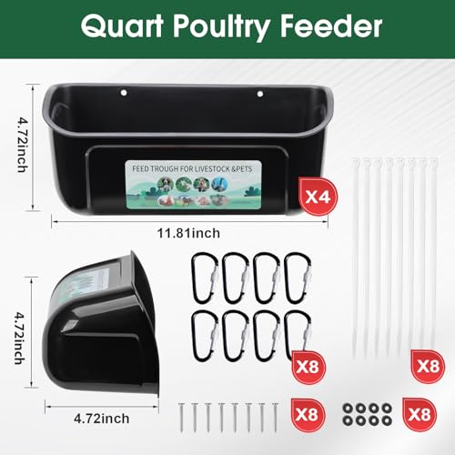 PIREKZUNT 4 Pack Chicken Duck Feeder, Poultry Feeders and Waterers, Hanging Goat Feeder, Livestock Feeding Container, Feed Trough and Waterer Bucket with Clips(Black) - color: 4 Pack Black