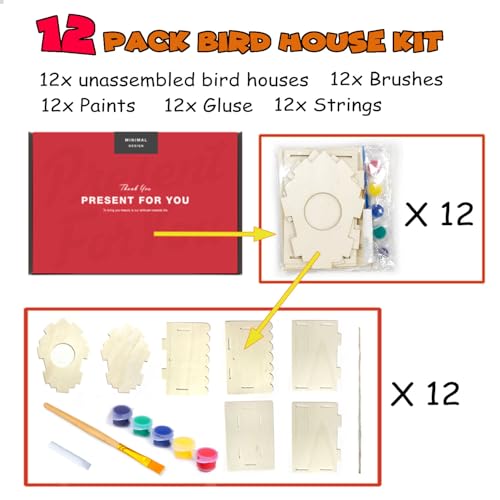 hapray 12 Pack Bird House Kit for Kids, DIY Wooden Birdhouse with Paints - color: 12 Pack Bird House