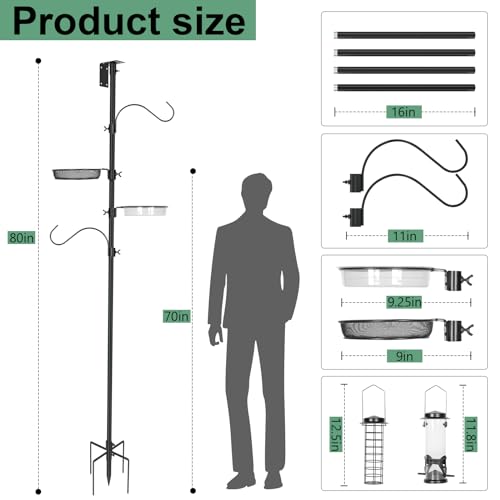 ERYTLLY 2-Hooks Bird House Pole Stand Kit 80 Inch Multi Feeders, Bird Bath, Feeder Tray - Heavy Duty Bluebird Feeder Support Rod Mount Set for Outdoor - size: 80 in with 2 Hooks and Feeders Kit