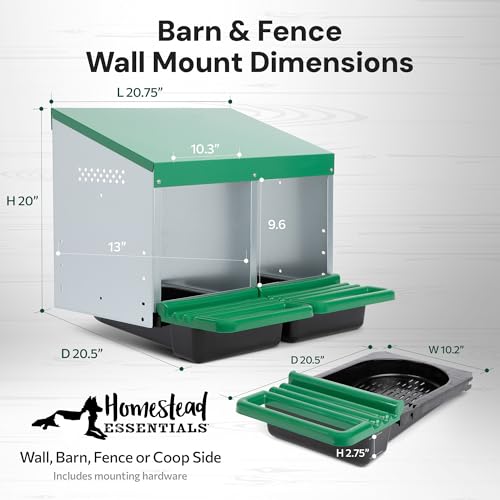 Homestead Essentials Classic Style 2 Compartment, Forward Rollout and Rollaway, Hen & Chicken Nesting Box with Integrated Perch and Protective Egg Laying Collection Lids - size: 20.8"L x 20.5"W x 20.0"H